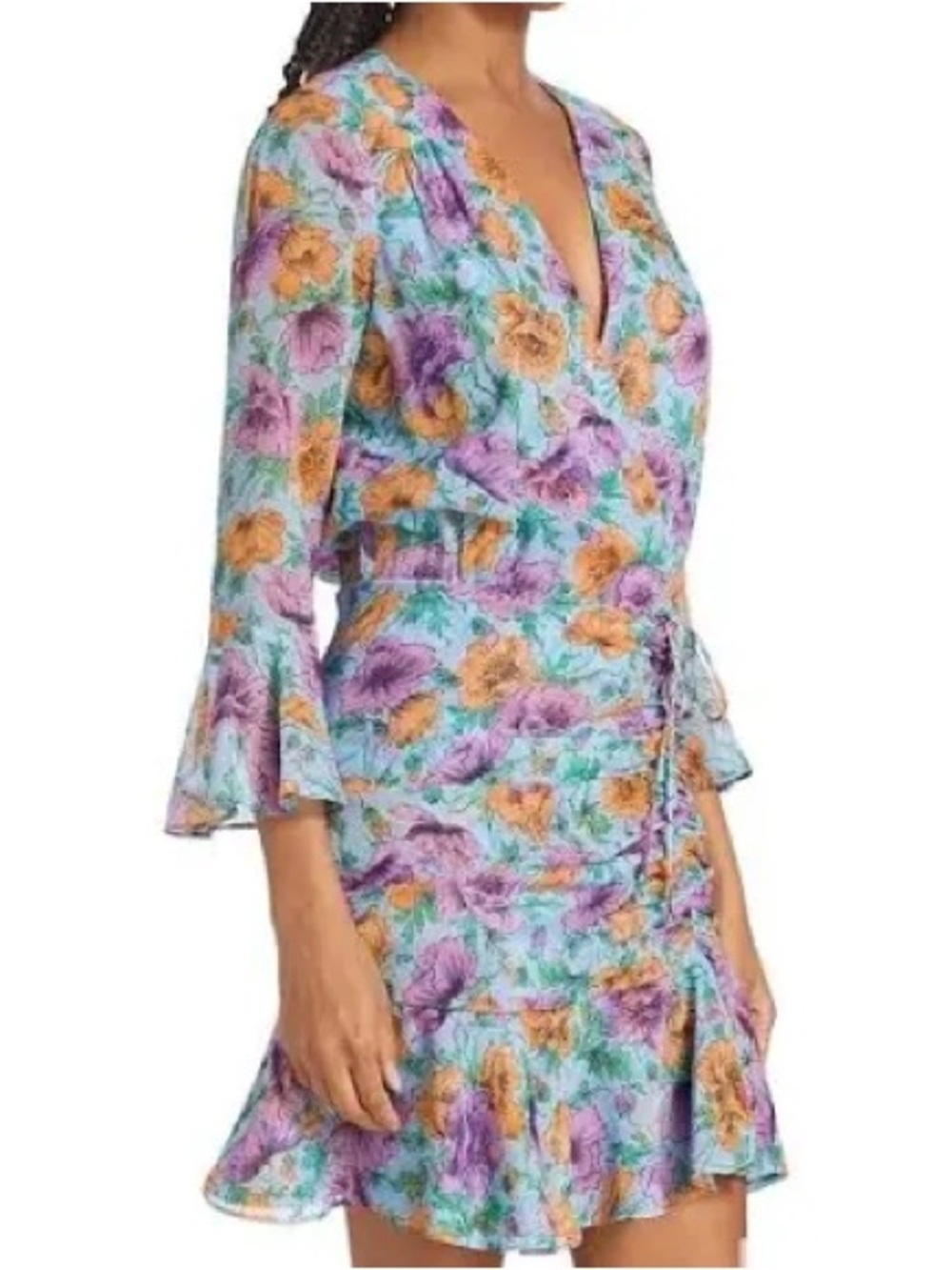 Veronica Beard Floral V-Neck Ruffle Mini Dress - Purple & Yellow on Aqua